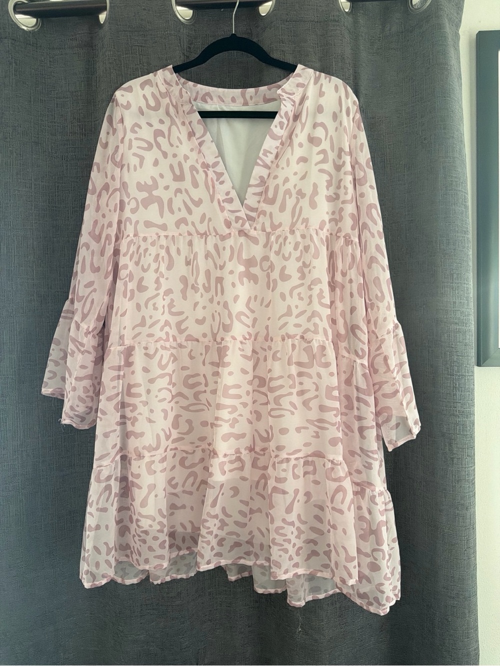 Pink Animal-Print Long Sleeve Tiered Dress